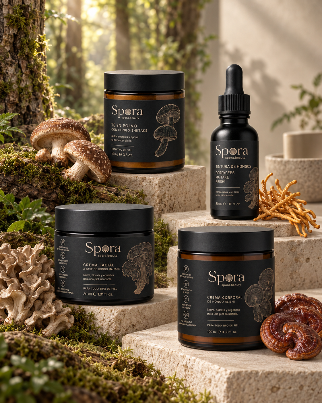 an arrangement of Spora's four products (amber jar, dropper bottle, black facial cream jar, amber body cream jar) staged on stone pedestals in a sunlit forest setting with the corresponding mushrooms beside each product